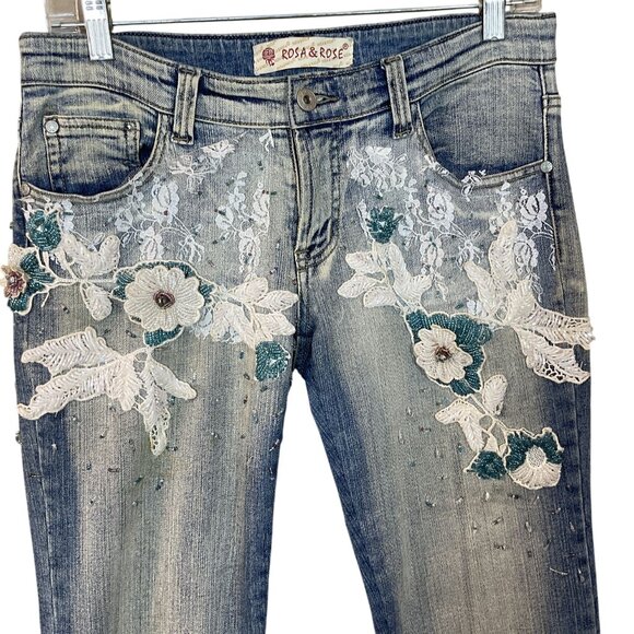 Rosa & Rose Embellished Lace Beading Cuffed Crop Jeans VTG Y2K Med - Picture 2 of 9